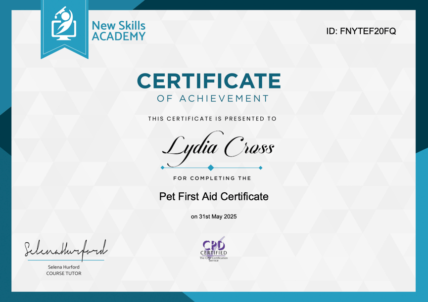 Pet First Aid Certificate - Hoppiness Pet Care